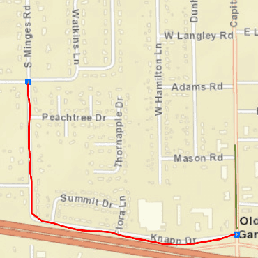 City streets map with red line over Knapp Drive and South Minges Road