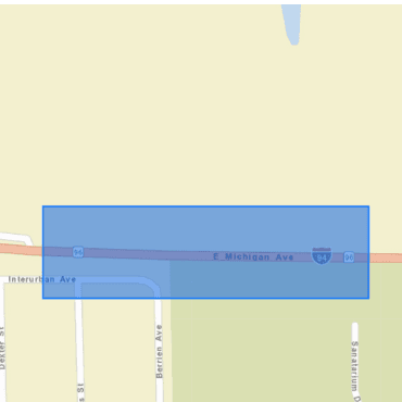 Emmett Township streets map with blue rectangle over East Michigan from Princeton to Kimball Pines