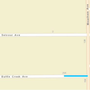 City street map with blue line over Battle Creek Avenue