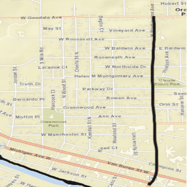 A city street map showing road work along Washington Avenue, from Michigan Avenue to Goodale Avenue.