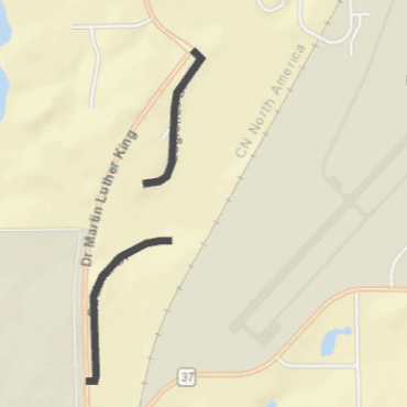 City street map with black lines on Logistics and Buckner drives.
