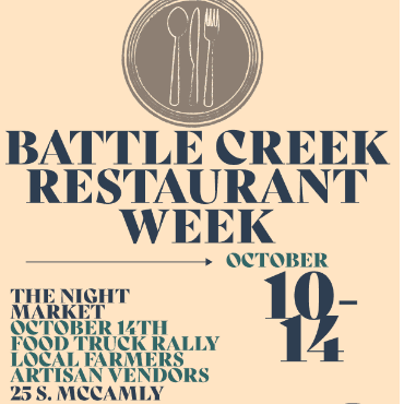 Tan flyer with navy text announce Battle Creek Restaurant Week from Oct. 10-14.