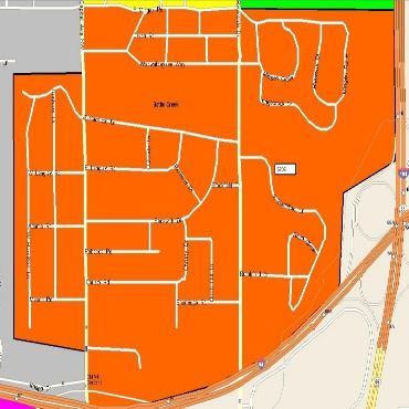 A city street map showing the delayed trash pickup and affected area as a shaded orange area.