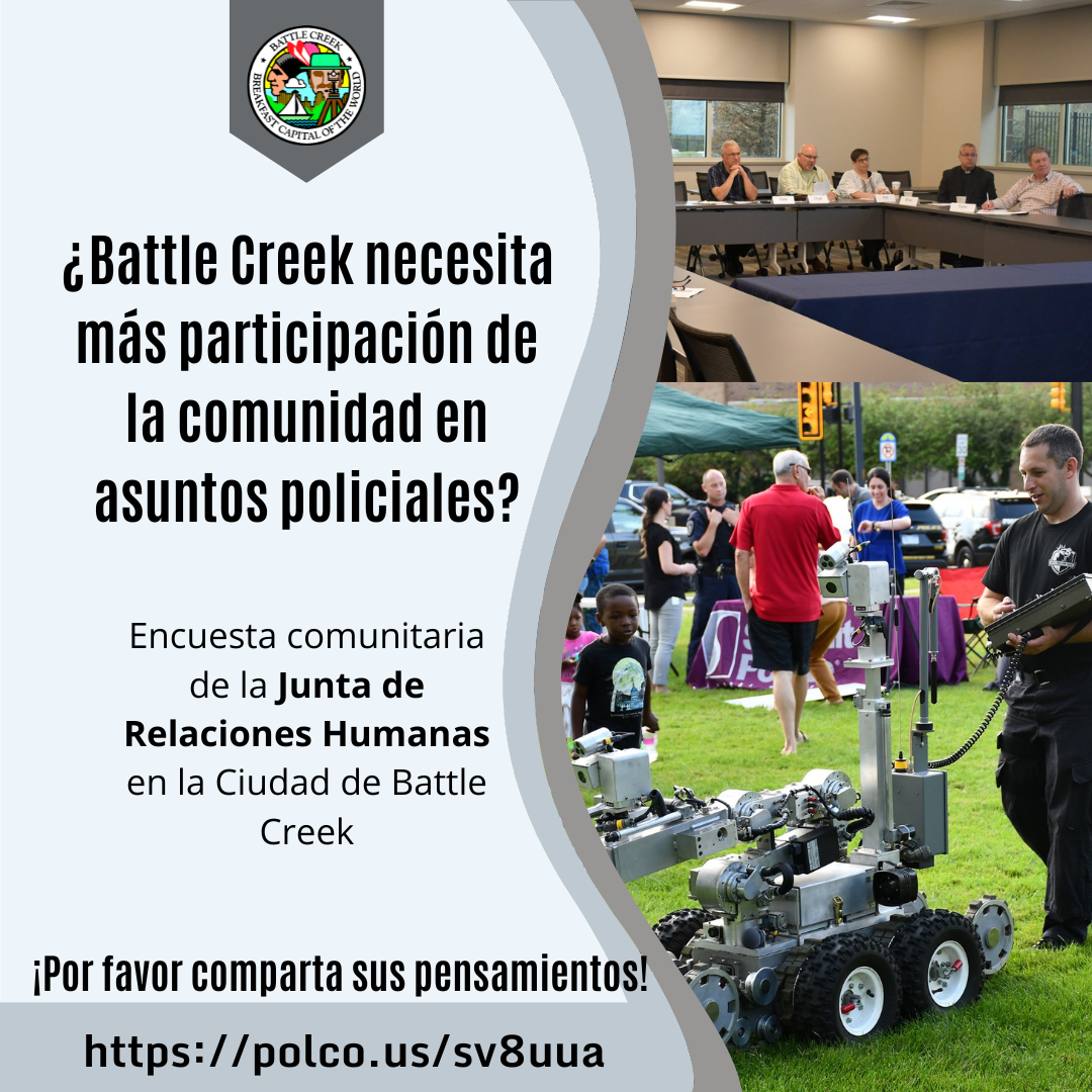 Images of people sitting at tables in a meeting, and a police officer with a bomb robot. 