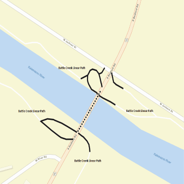 A city street map showing the M-37 bridge work and Battle Creek Linear Path closure as black lines.