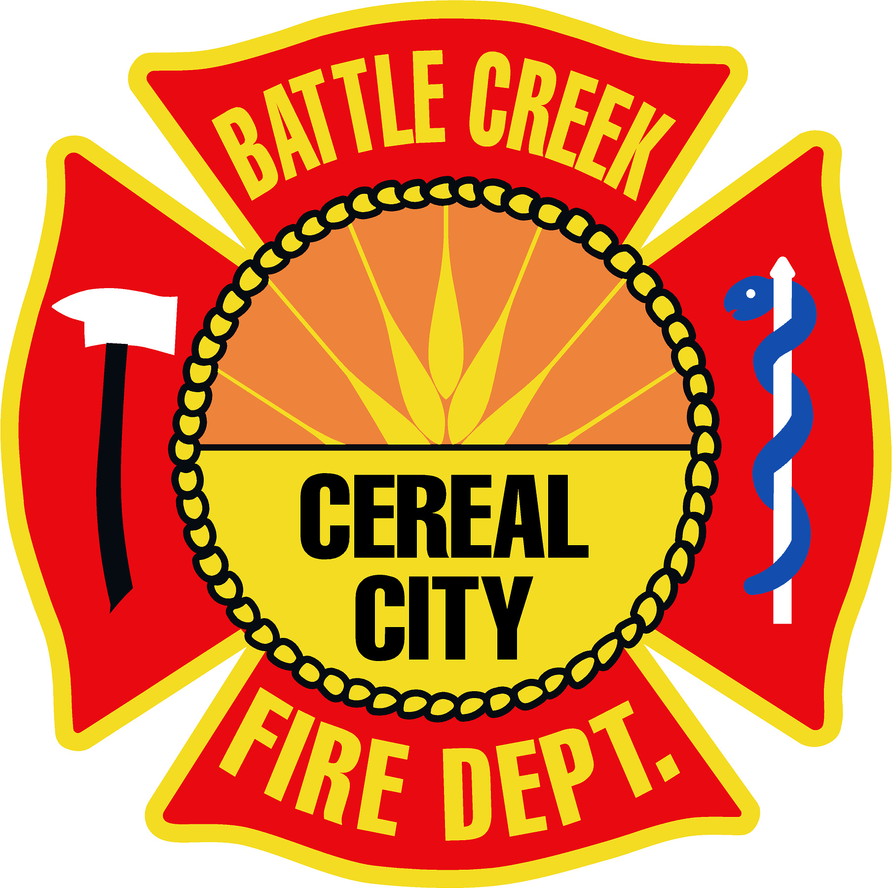 Battle Creek Fire Department logo, red and yellow with wheat pattern in middle.