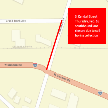 A city street map showing the S. Kendall Street southbound lane closure as a red, solid line.