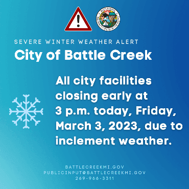 A severe winter weather alert image for the City of Battle Creek.