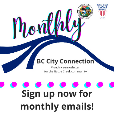 Dark blue wave with Battle Creek city logo in top corner. Text says Monthly BC City Connection.