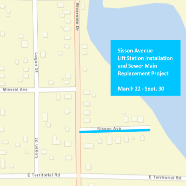A Battle Creek city street map showing the Sisson Avenue sewer project work as a light blue line.