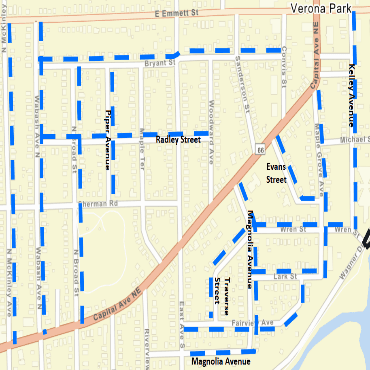 A Battle Creek city street map showing the roadways for line replacement work as dashed, blue lines.