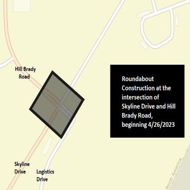 A Battle Creek city street map showing the roundabout construction work as a black box.