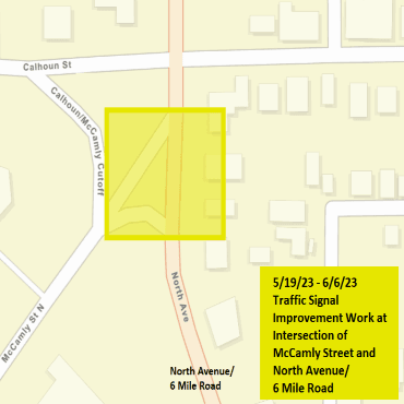 A Battle Creek city street map showing the traffic signal improvement work as a yellow box.