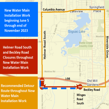 A Battle Creek city street map showing the new water main installation project and road closures.