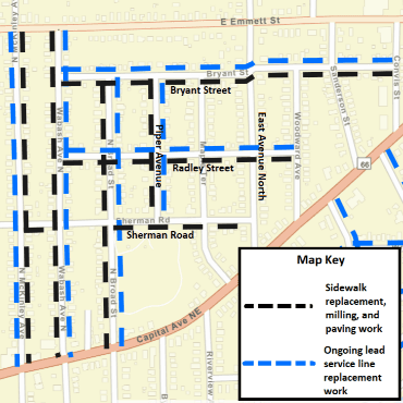 A Battle Creek city street map showing the road rehabilitation work as dashed, black lines.