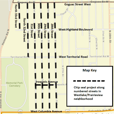 A Battle Creek city street map showing the chip seal work as dashed, black lines.