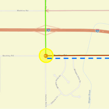 Battle Creek street map with yellow circle over Helmer-Beckley intersection.