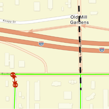 Battle Creek map with dashed black line over Capital SW bridge over 94.