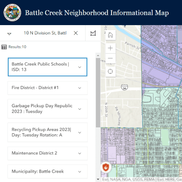 Screenshot of map with information down the left side.