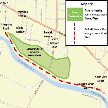 A Battle Creek city street map showing the tree harvesting work and periodic lane shifts.