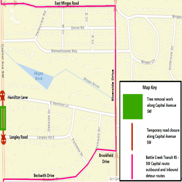 A Battle Creek city street map showing the tree removal work, road closure, and Transit detour route