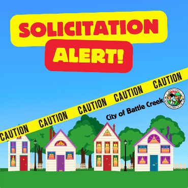 Graphic of houses with caution tape and Solicitation Alert! text.