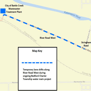 A Battle Creek city street map showing the temporary lane shifts along River Road West.
