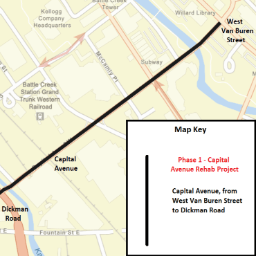 A Battle Creek city street map showing Phase 1 of the Capital Avenue rehab project.