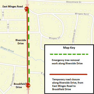 A Battle Creek city street map showing the emergency tree removal work along Riverside Drive.