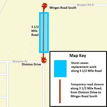 A Battle Creek city street map showing the storm sewer replacement work along 3 1/2 Mile Road.