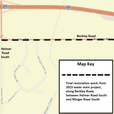 A Battle Creek city street map showing the final restoration work as a dashed, black line.