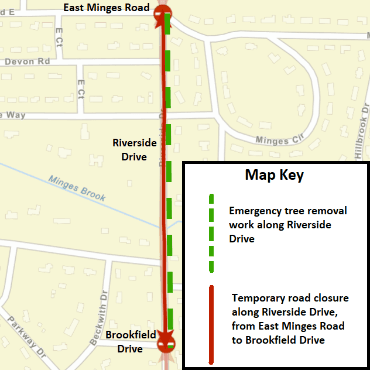 A Battle Creek city street map showing the emergency tree removal work and temporary road closure.