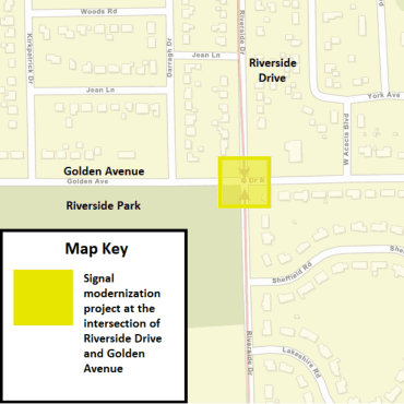 A Battle Creek city street map showing the signal modernization project as a solid yellow box.