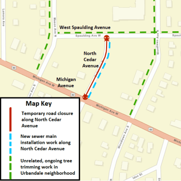A Battle Creek city street map showing the new sewer main installation work and road closure.