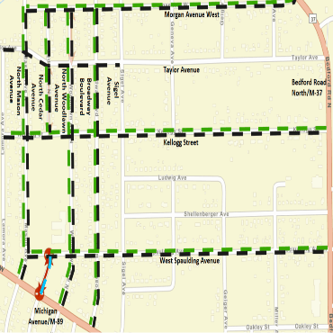 A Battle Creek city street map showing the chip seal project as black dashed lines.