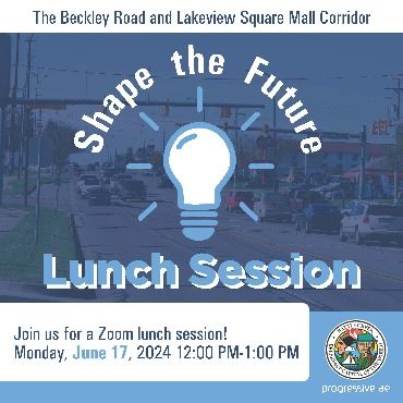Blue graphic promoting Zoom session about Beckley corridor at noon, June 17.
