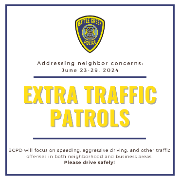Text graphic with yellow text promoting extra police patrols June 23-29.