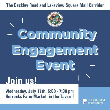Blue graphic promoting Beckley corridor event at Horrocks on July 17.