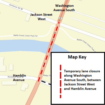A Battle Creek city street map showing the temporary lane closure as a dashed red line.