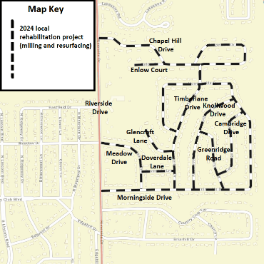 A Battle Creek city street map showing the roadways set to undergo milling and resurfacing.