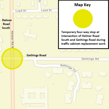 A Battle Creek city street map showing the temporary four-way stop at Helmer and Gethings roads.