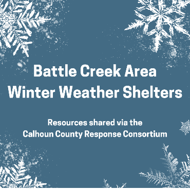 A graphic for the Battle Creek area winter weather shelter information.