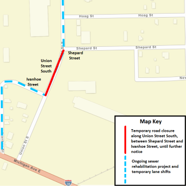 A Battle Creek city street map showing the temporary road closure and ongoing sewer rehab project.