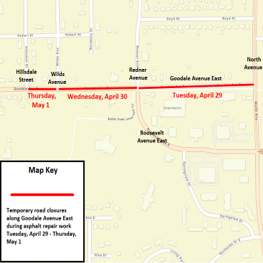 A Battle Creek city street map showing the temporary road closures as solid, red lines.