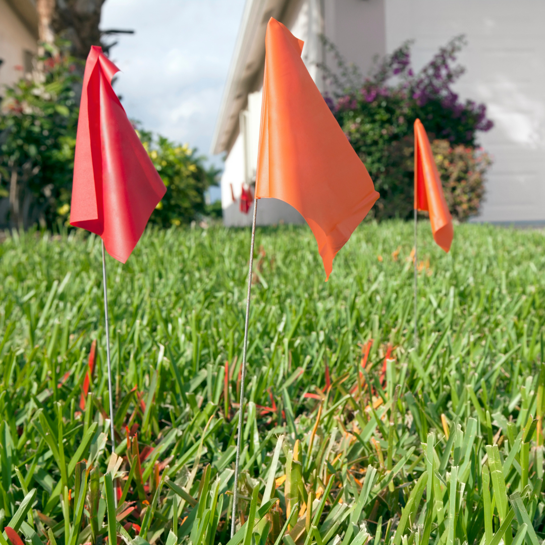 Step 1 image of flags planted in right-of-way to identify utilities.