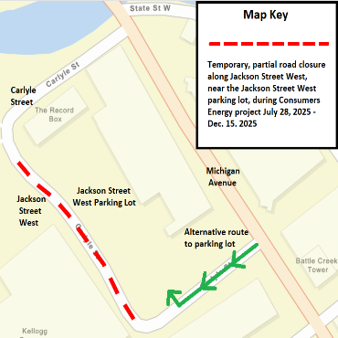 A Battle Creek city street map showing the temporary road closure along Jackson Street West.