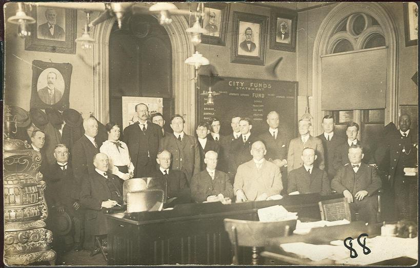 Mayor John W. Bailey and the City Commission in City Hall, c. 1910 postcard