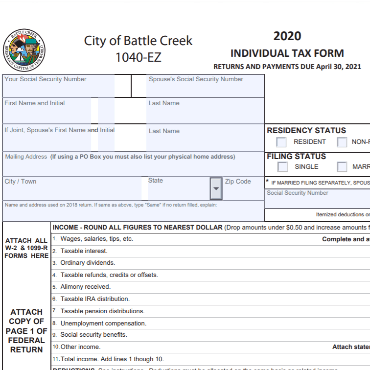 Top half of City of Battle Creek 1040 local income tax form