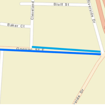 Map with teal line on East Goguac from Riverside to Cleveland, marking sewer work