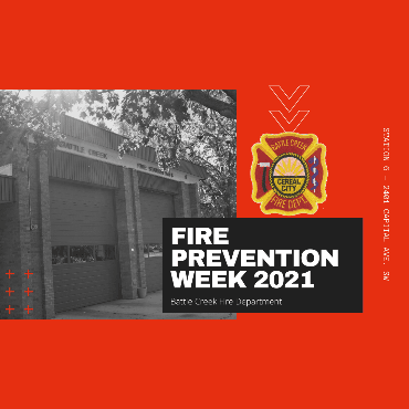 Red background with black and white fire station 6 and Fire Prevention Week 2021